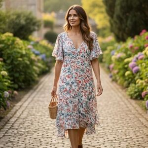 Maeve For Anthropology Cold Shoulder Flutter Sleeve V-Neck Dress